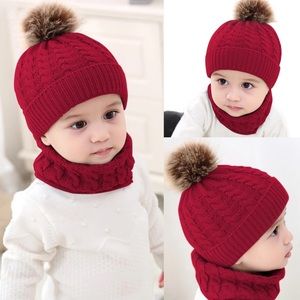 Infant/Baby Red Hat with Pom Pom & Ring Scarf